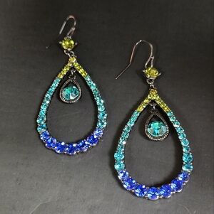 Elegant Blue and Green Rehnistone Teardrop Earrings